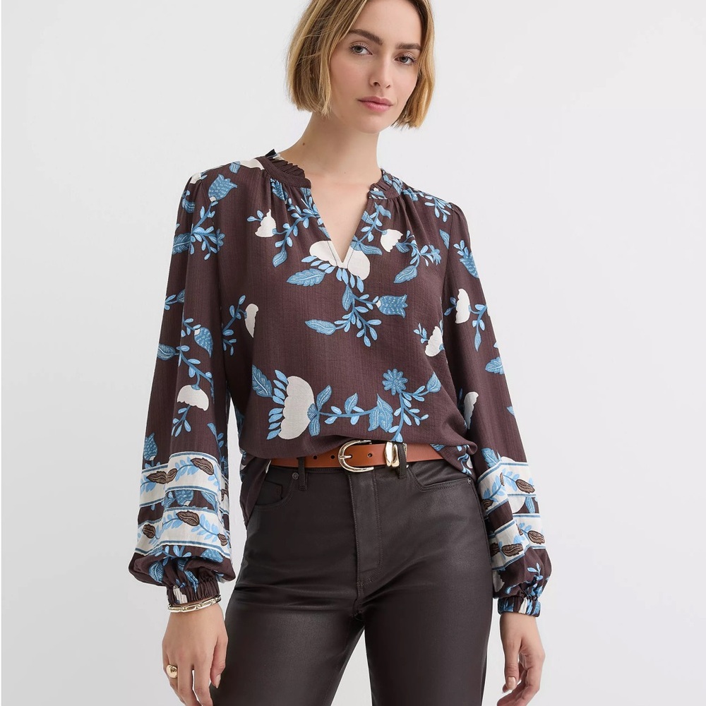 LOFT Petite Garden Ruffle Split Neck Blouse
